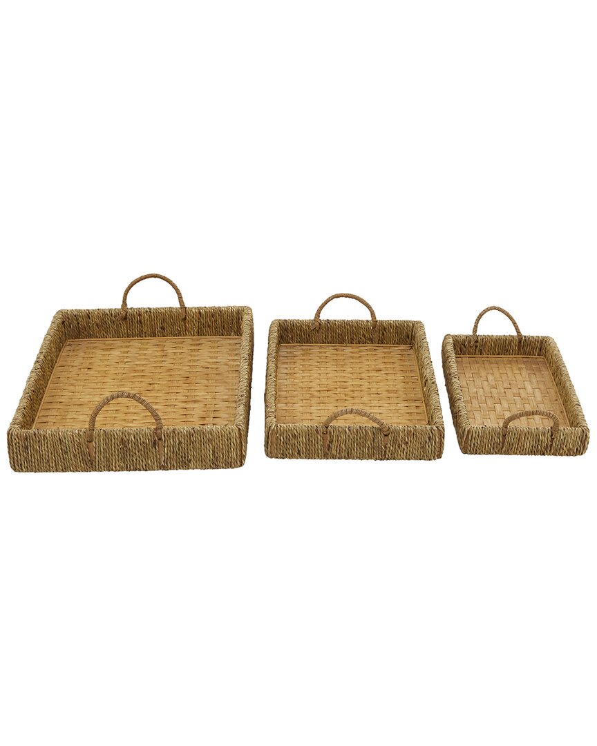 Peyton Lane Set Of 3 Bamboo Woven Tray With Handles In Brown