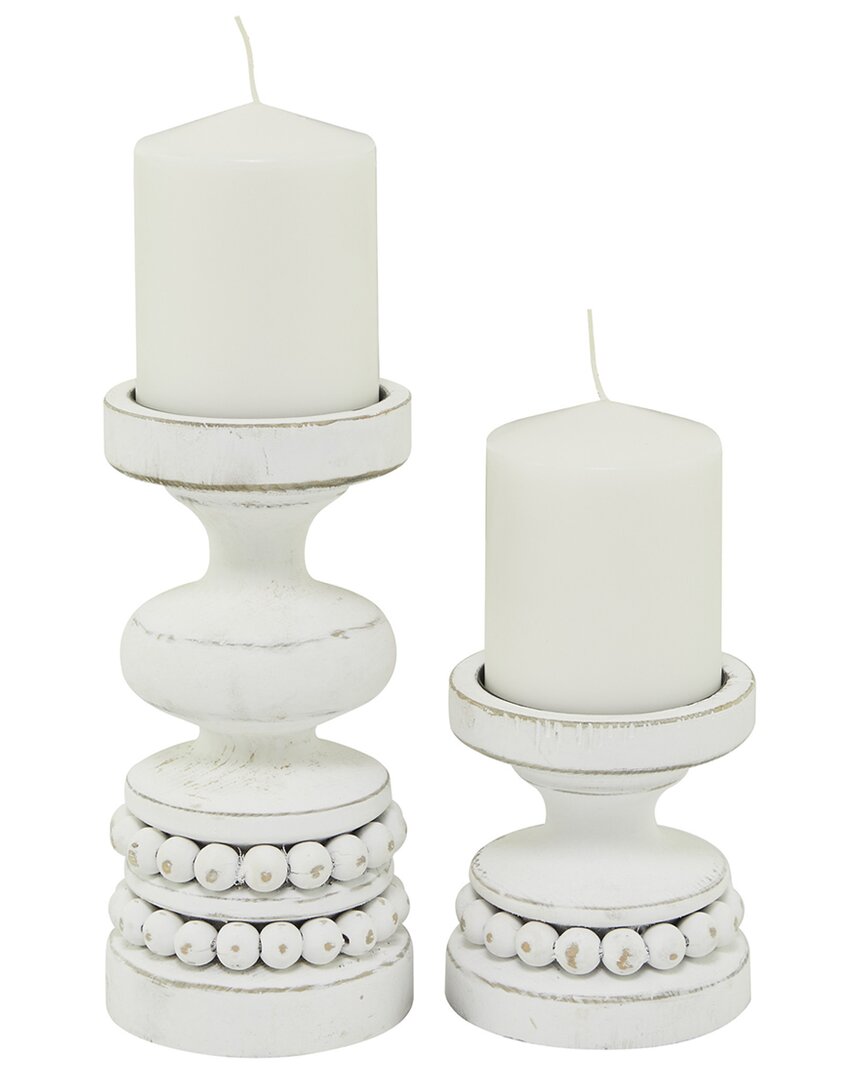 The Novogratz Set Of 2 White Wood Beaded Pillar Candle Holder