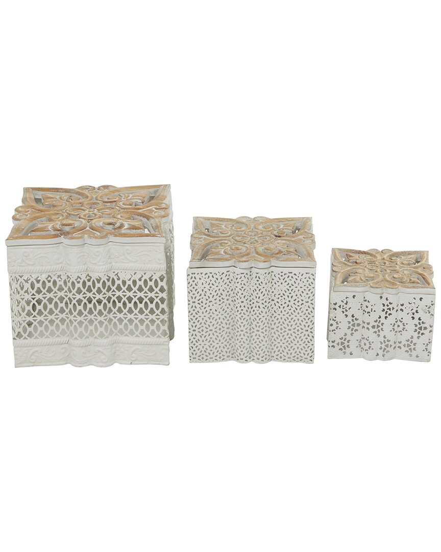 Peyton Lane Set Of 3 Metal Laser Cut Metal Decorative Jars With Carved Wood Lids In White