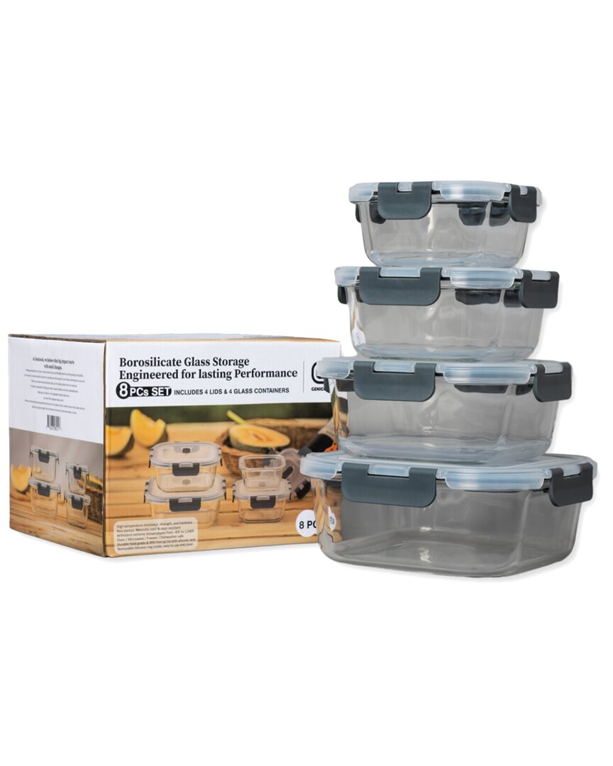Genicook 8pc Square Borosilicate Glass Container With Vented Lid Set,