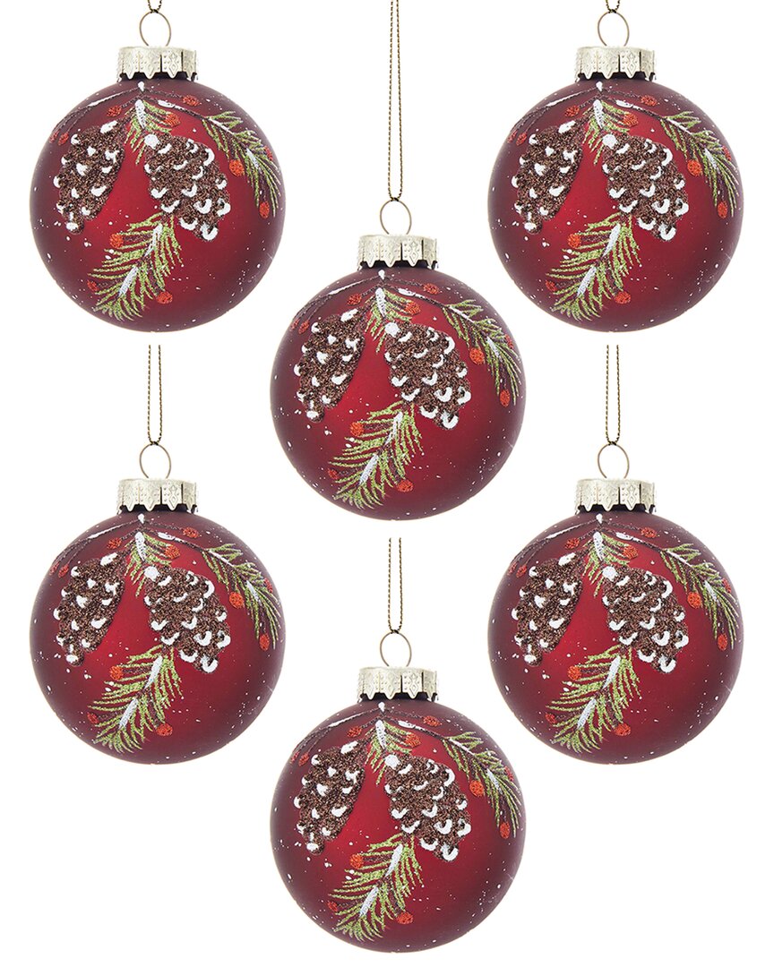 Kurt Adler 3in Red W/pinecones Glass Balls 6pc