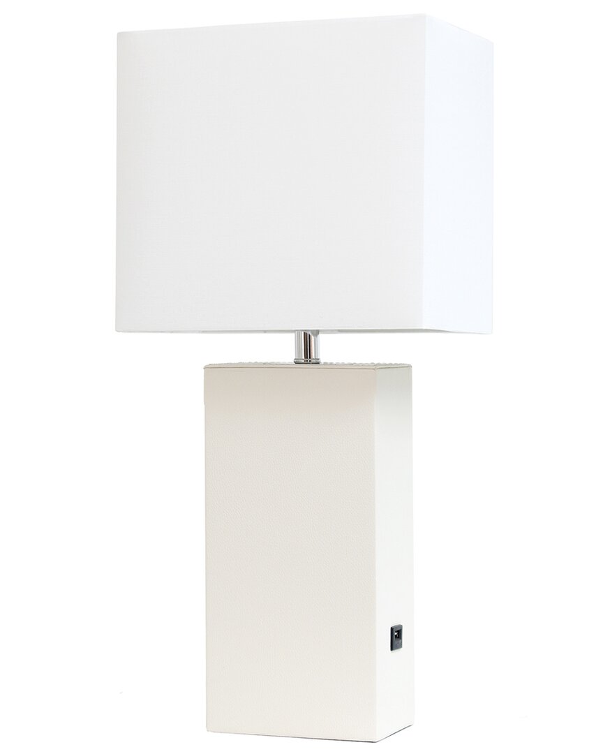 Lalia Home Lexington 21in Leather Base Modern Home Décor Bedside Table Lamp  With Usb Charging Port In White