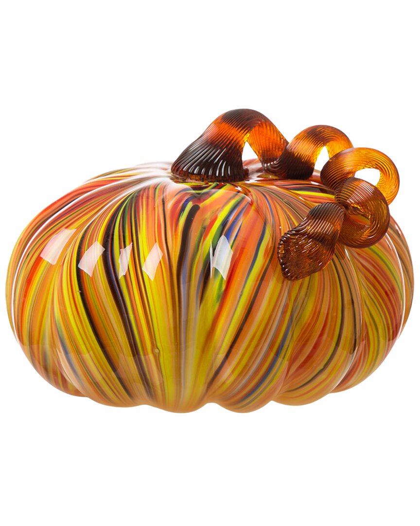 Glitzhome Handmade Striped Glass Large Pumpkin In Orange