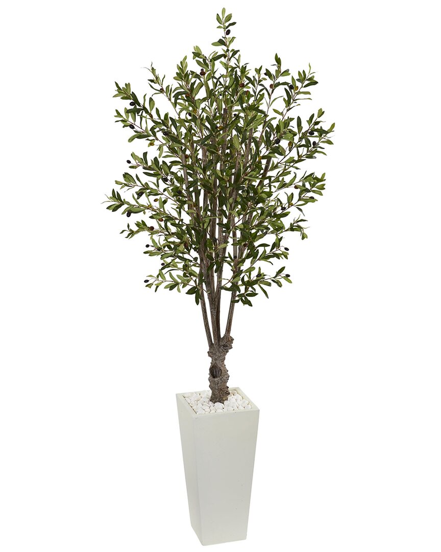 Nearly Natural 6ft Olive Artificial Tree In White Tower Planter In Green