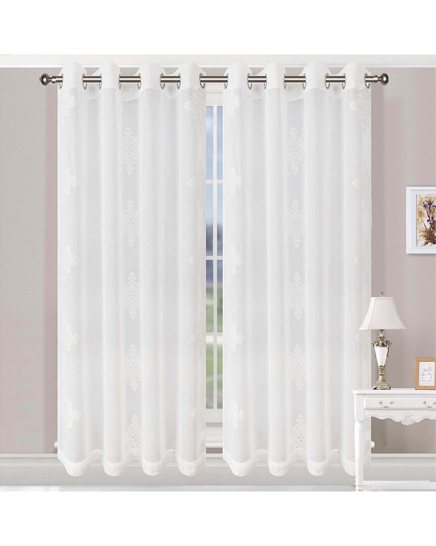 Superior 52x96 Embroidered Damask Sheer Grommet 2pc Curtain Panel Set In White