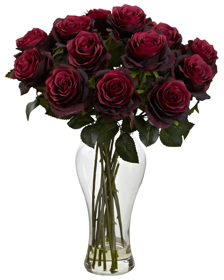 Nearly Natural Blooming Roses W/vase In Burgundy