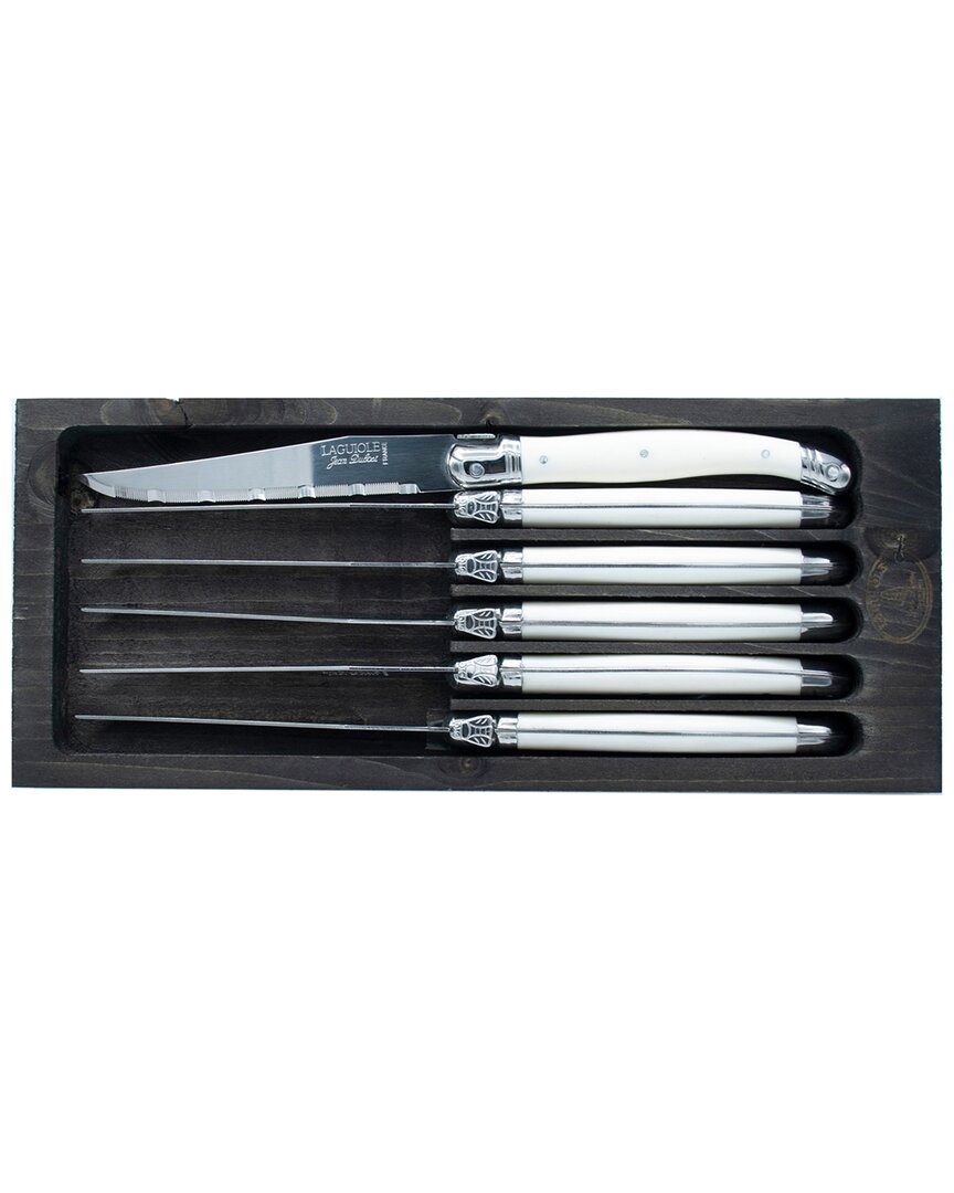 Jean Dubost 6 Steak Knives With White Handles In Black Tray