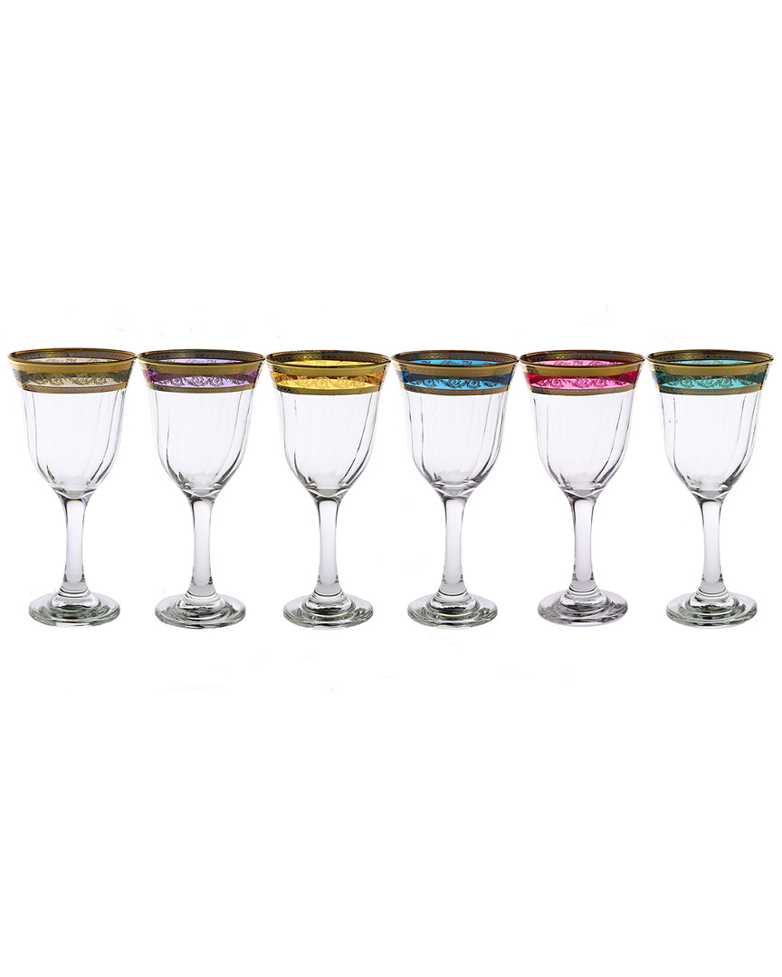 Classic Touch Set Of 6 Assorted Colored Water Glasses With Gold Design