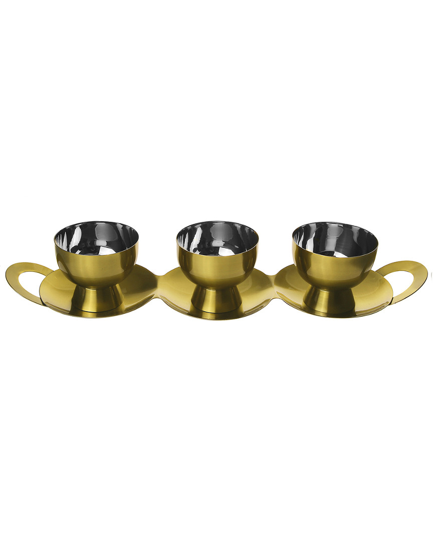 CLASSIC TOUCH CLASSIC TOUCH 3-BOWL RELISH DISH IN BLACK AND GOLD WITH SPOONS