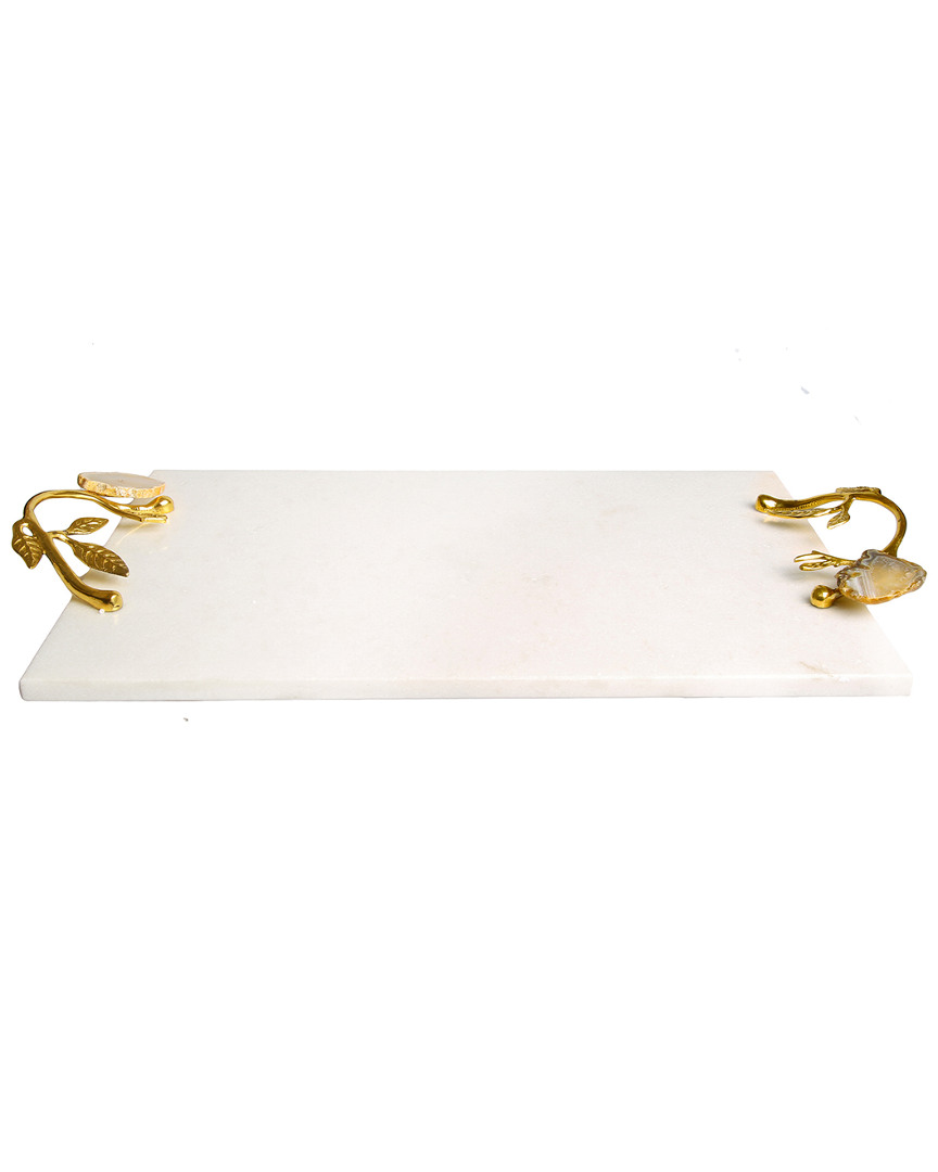 Classic Touch White Marble Tray With Agate Stone Handles