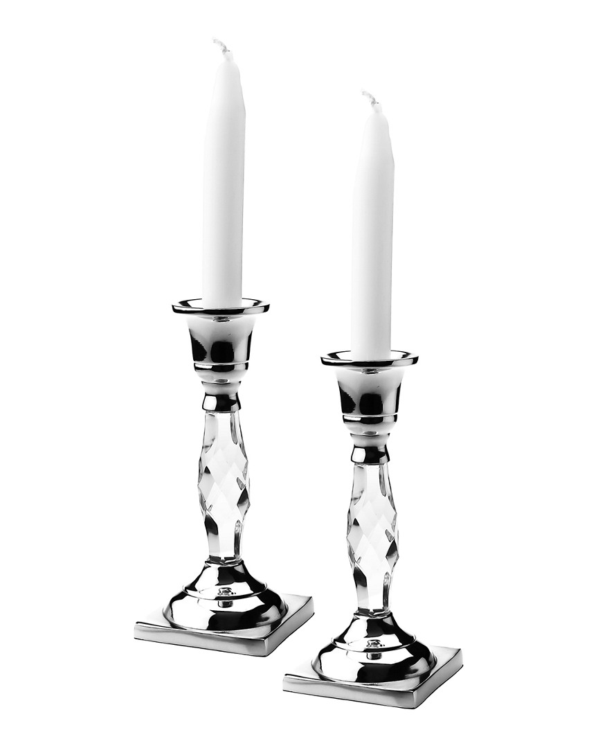 Classic Touch Set Of 2 Candlesticks With Glass Square Base In Silver