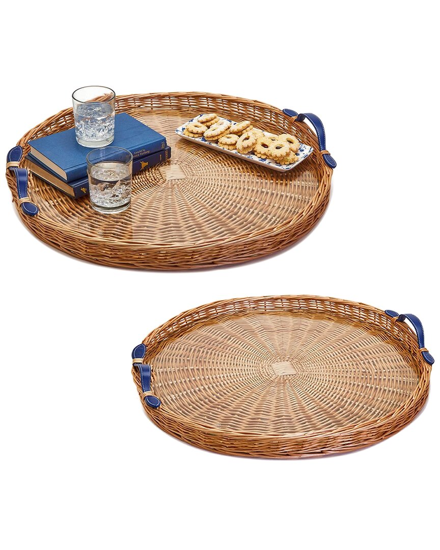 Two's Company Set Of 2 Round Wicker Trays With Handles In Beige