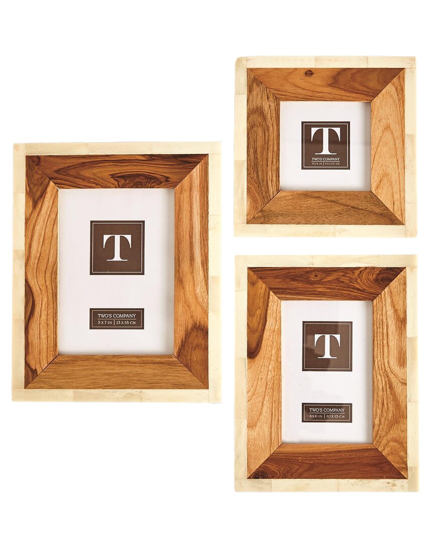 Two's Company Set Of 3 Wood & Bone Photo Frames In Beige