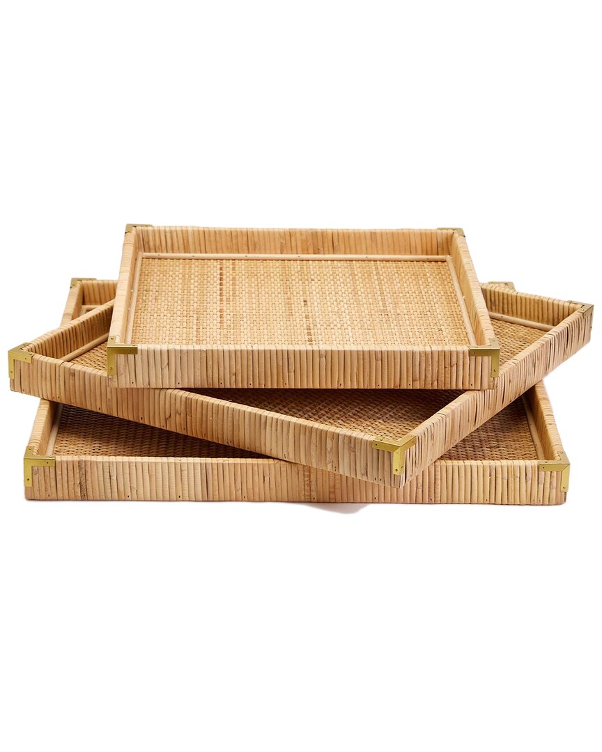 Two's Company Set Of 3 Rattan Square Trays In Beige