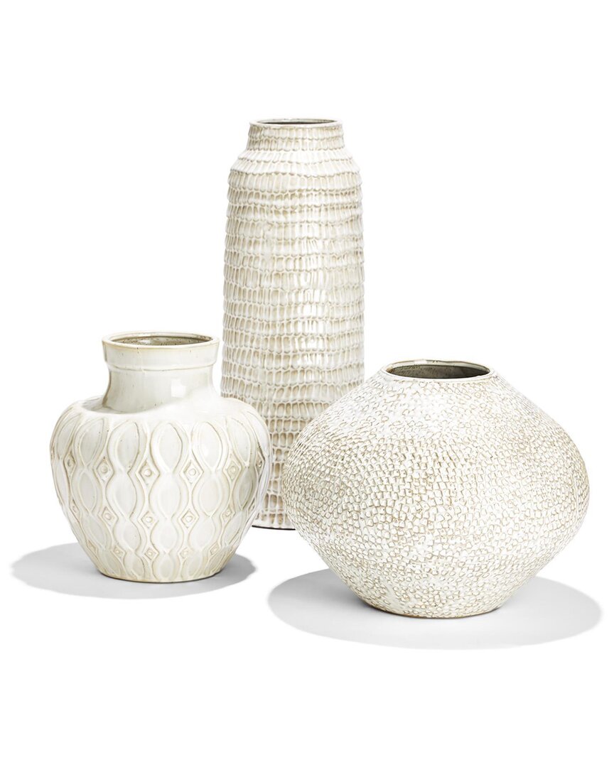 Two's Company Set Of 3 Artisan Ceramic Vases In Beige