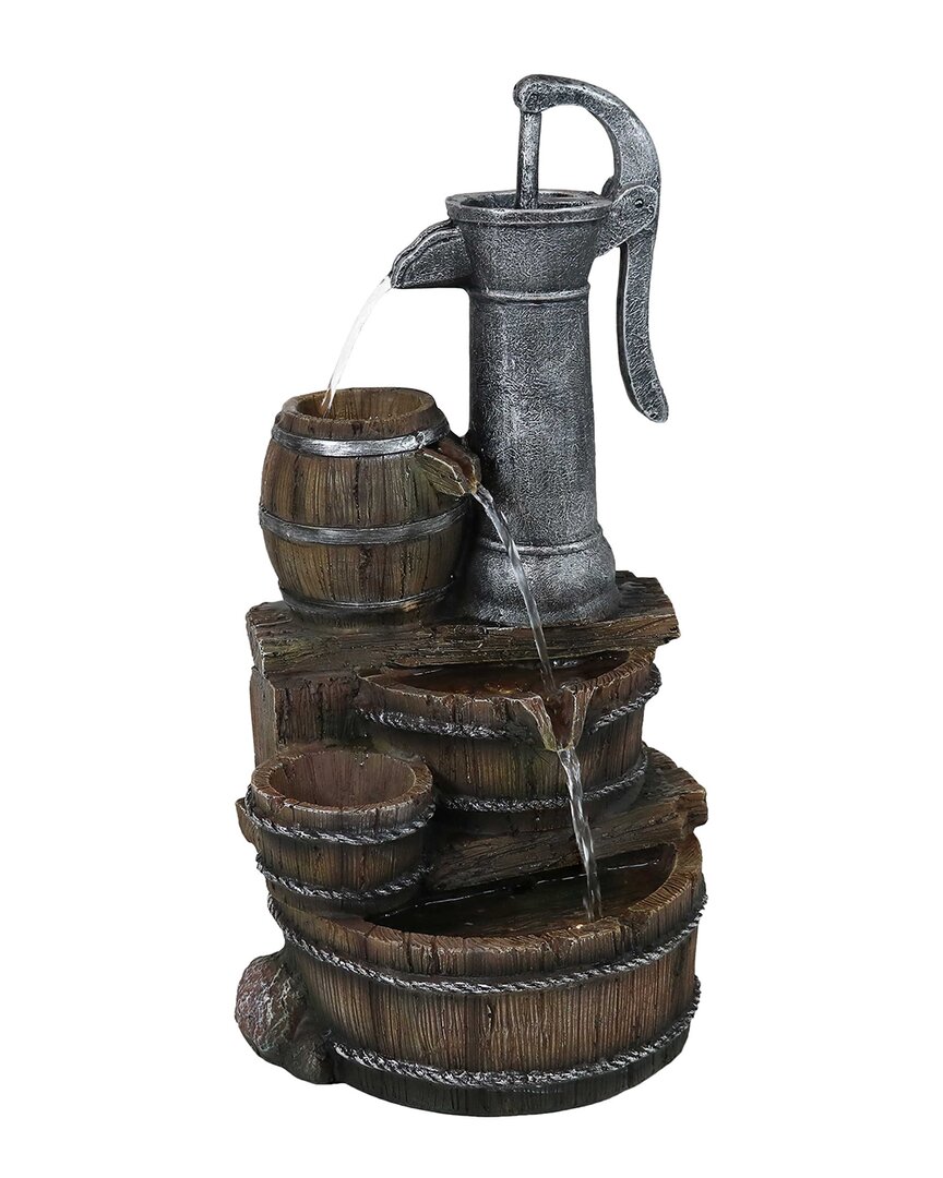 Sunnydaze Cozy Farmhouse Pump And Barrels Outdoor Fountain With Led Lights In Brown