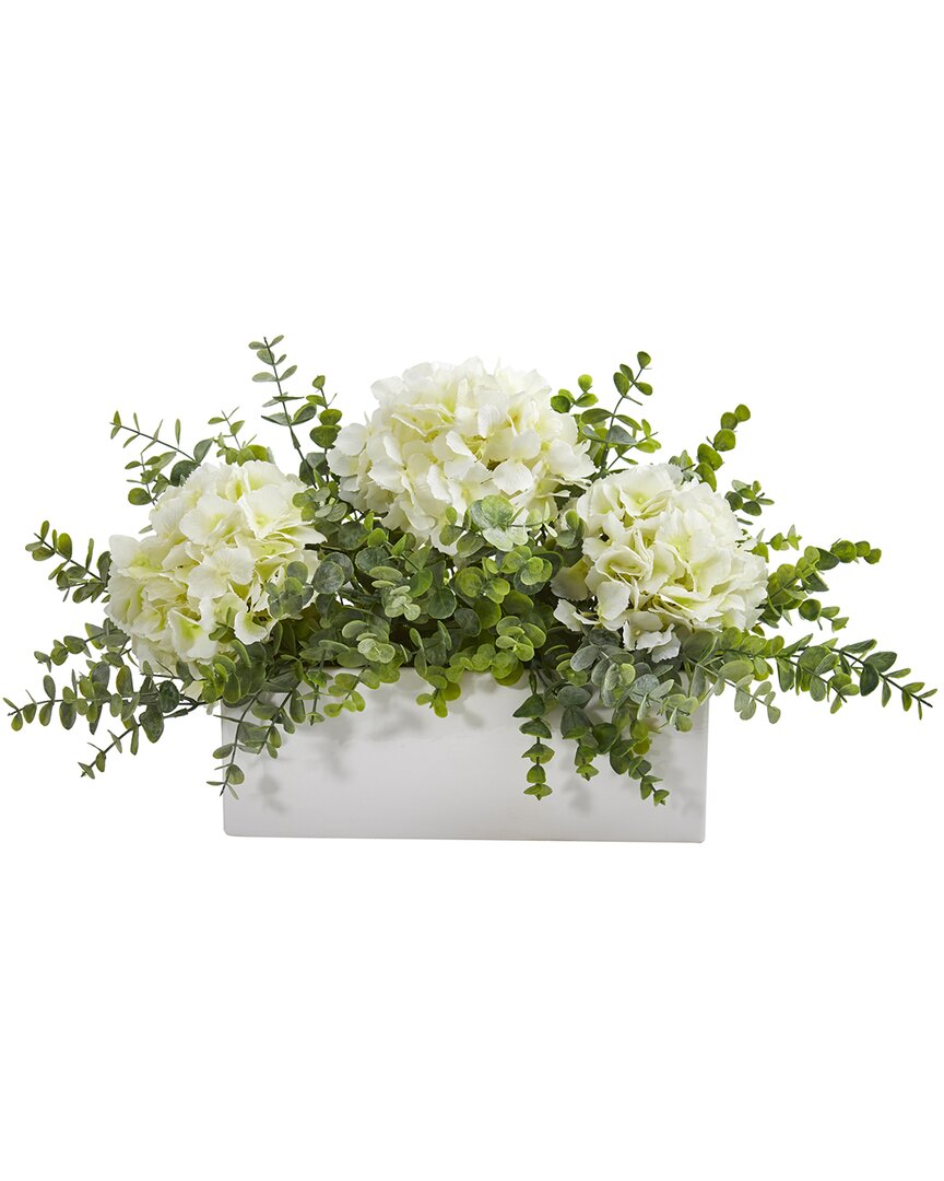 Nearly Natural 15in Hydrangea And Eucalyptus Artificial Arrangement In White Vase In White