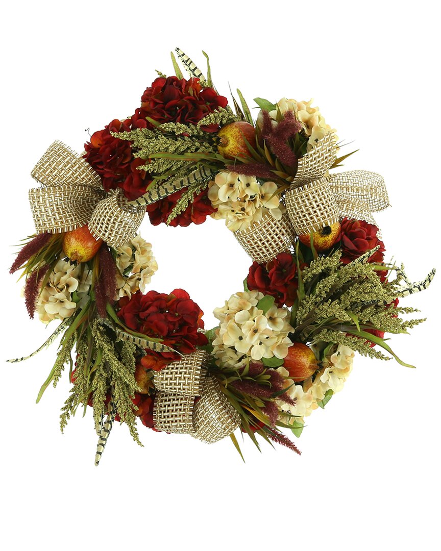 Creative Displays 25in Assorted Hydrangea Fall Wreath With Pomegranates And Bows In Burgundy