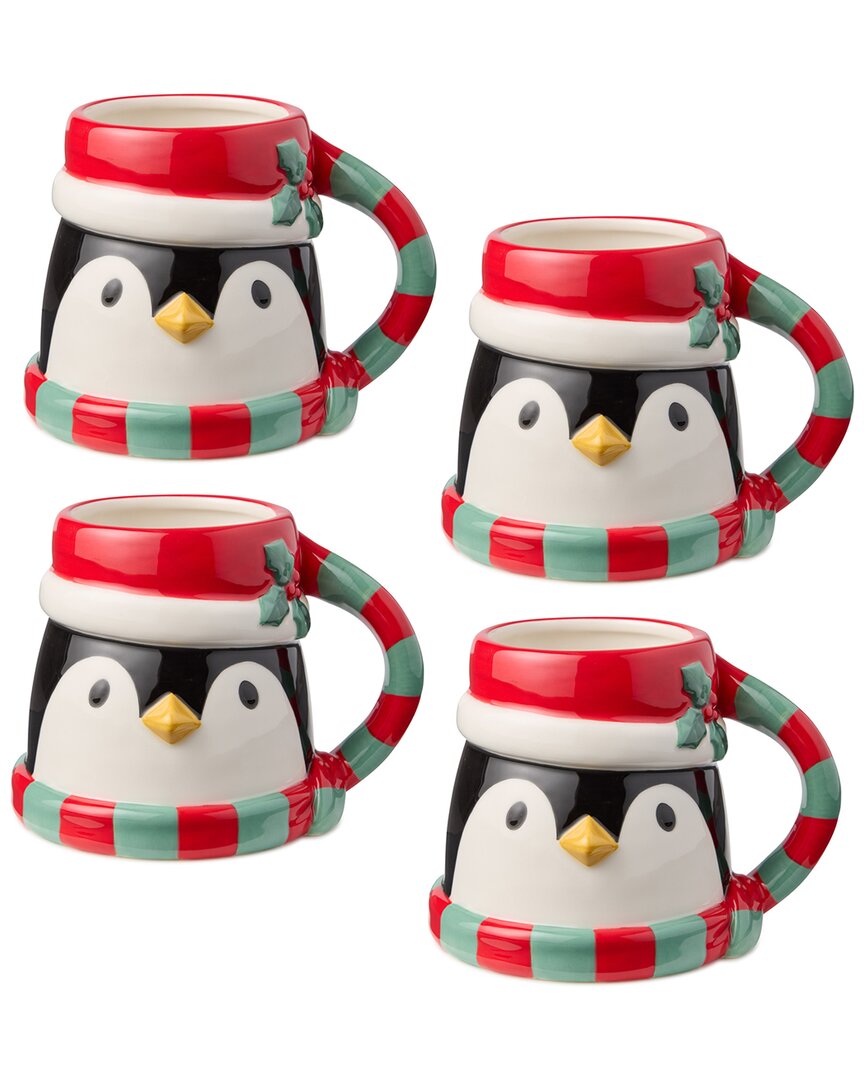 Certified International Set Of 4 Christmas Whimsy Penguin 3d Mugs In Red