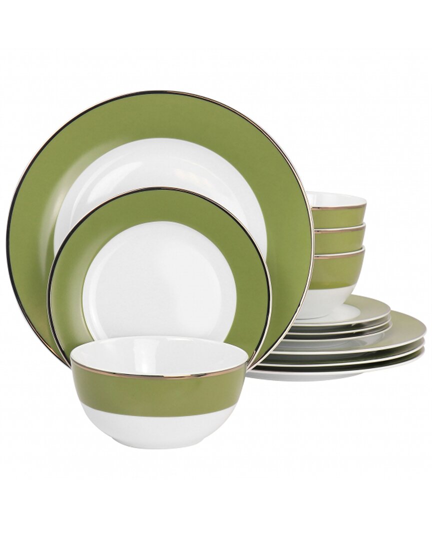 Martha Stewart Gold Rimmed 12pc Fine Ceramic Dinnerware Set In Green