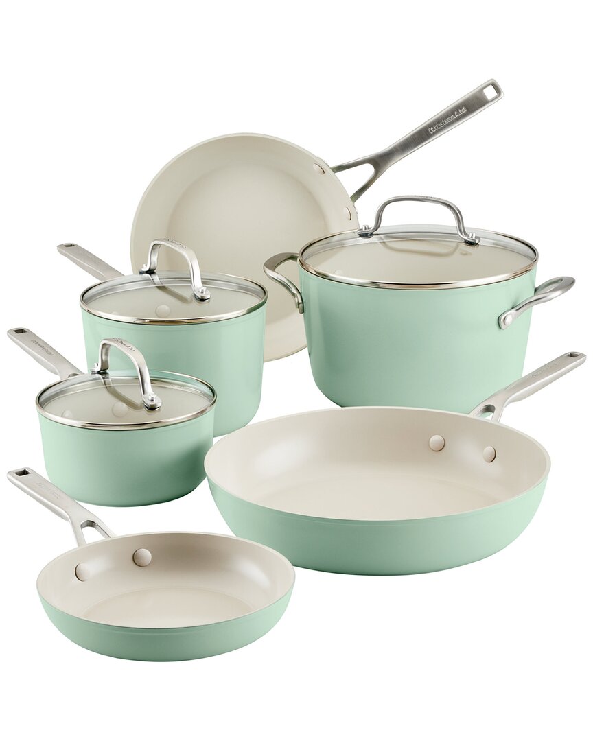 Kitchenaid Hard Anodized Ceramic Nonstick Cookware Pots & Pans 9pc Set In Green