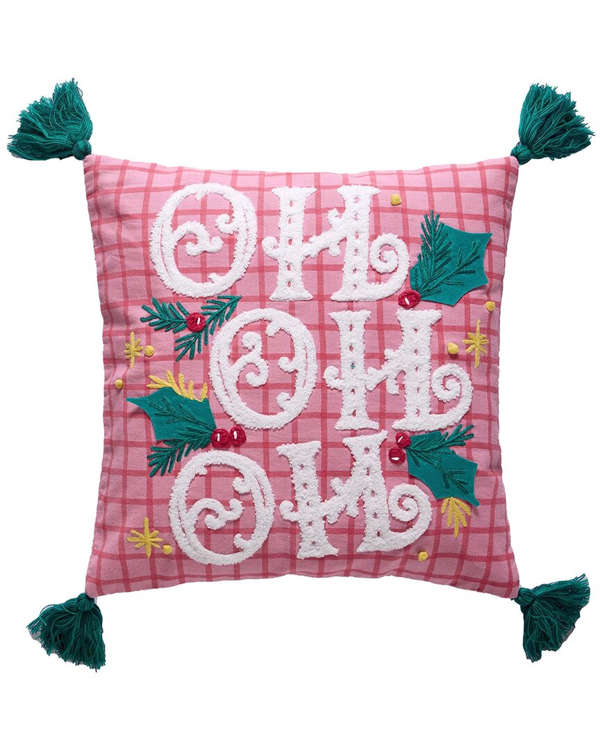 Peking Handicraft Plaid Ho Ho Ho With Tassels Pillow In Pink
