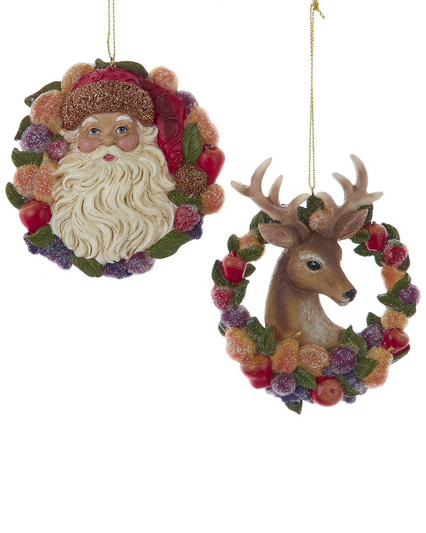 Kurt Adler Set Of 2 3.75in Santa & Deer On Fruit Wreath Ornaments In Multicolor