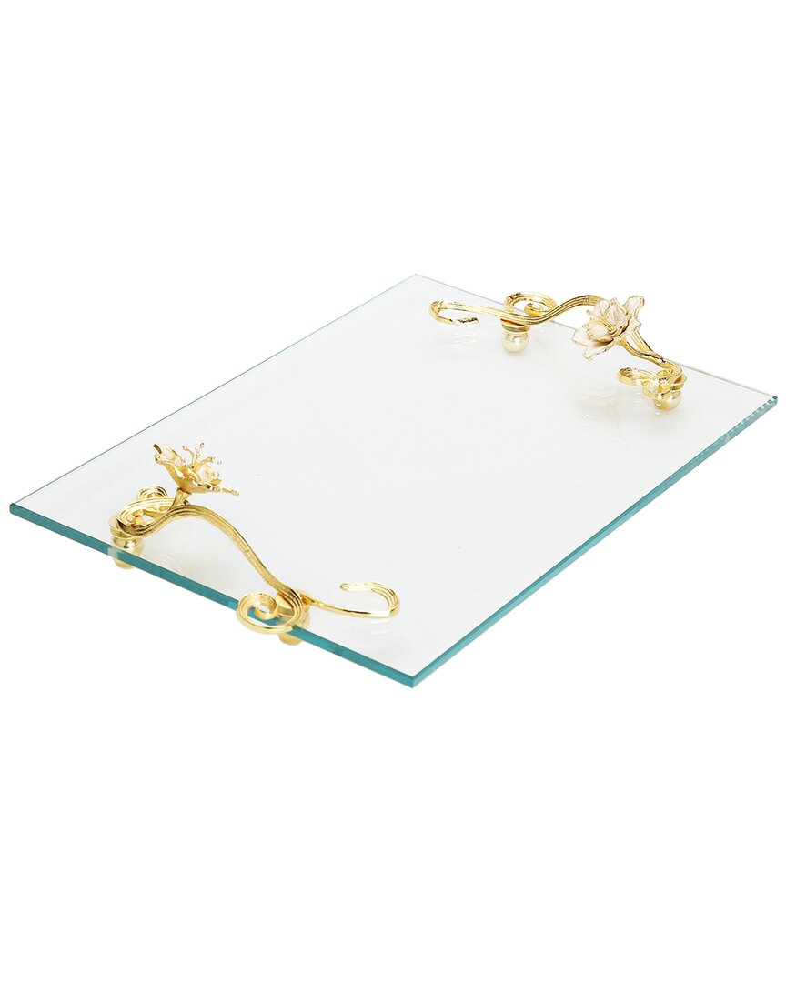 Alice Pazkus Glass Tray With Jewel Flower Handles In Gold