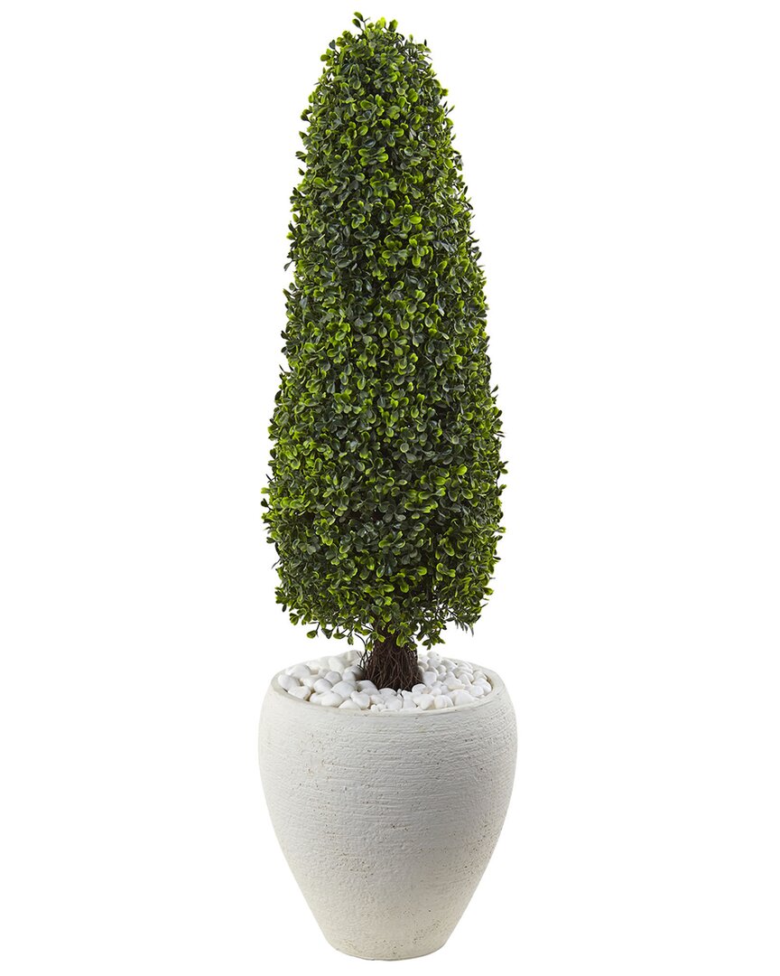 Nearly Natural 41in Boxwood Topiary With Textured White Planter Uv Resistant (indoor/outdoor) In Green