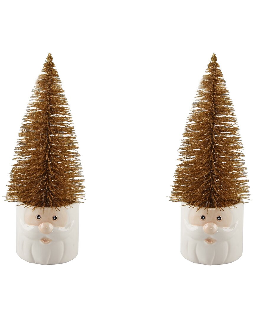 Flora Bunda Set Of 2 Mini Christmas Trees In Ceramic Santa In Gold
