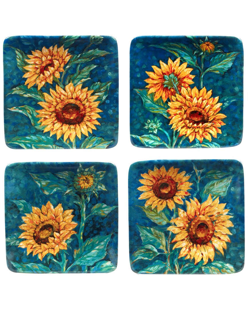 Certified International Golden Sunflowers Set Of 4 Canape Plates In Blue