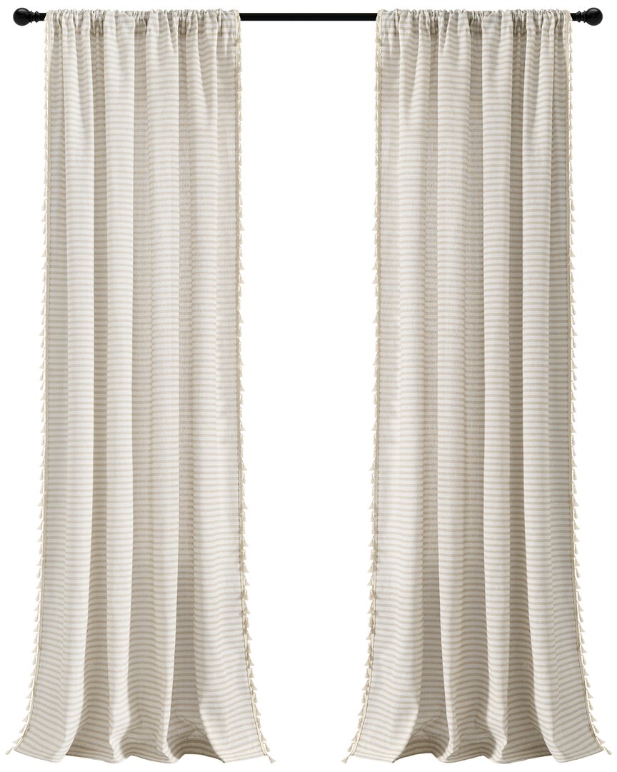 Triangle Home Boho Coastal Horizontal Ticking Stripe Tassel Window Curtain Panels Set