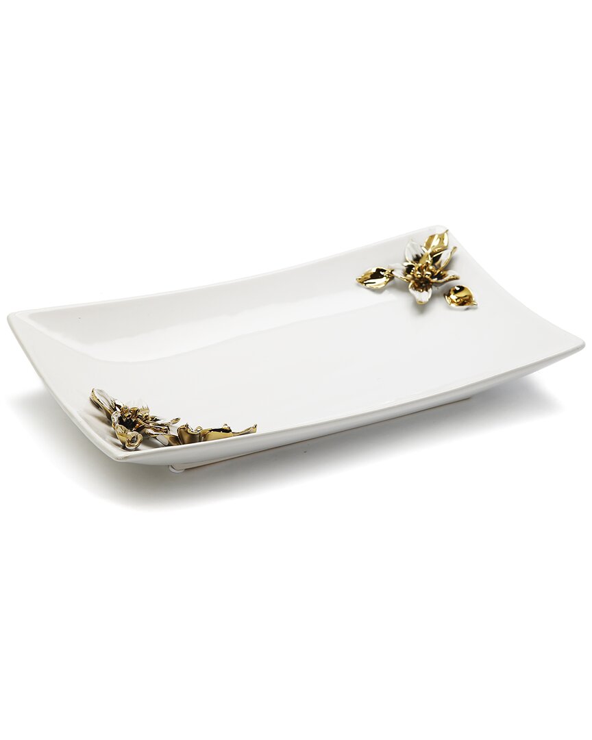 Vivience Porcelain Tray With Gold-tone And White Flower On Handles