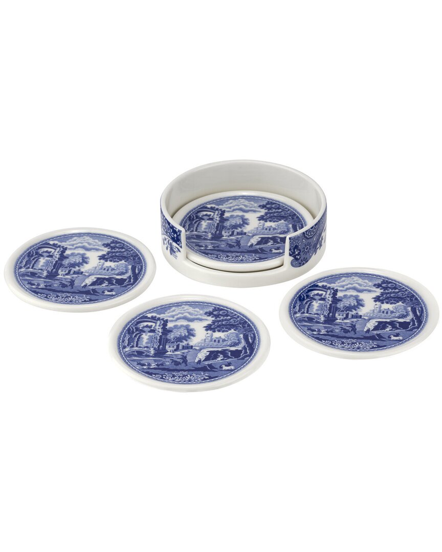 Spode Blue Italian 4pc Ceramic Coasters With Holder