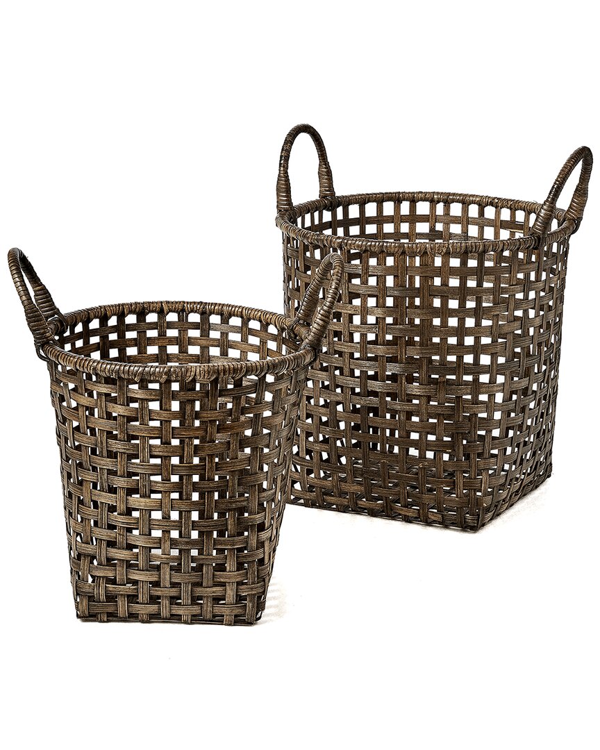 Baum Set Of 2 Open Crosshatch Weave Bamboo Baskets With Ear Handles In Brown