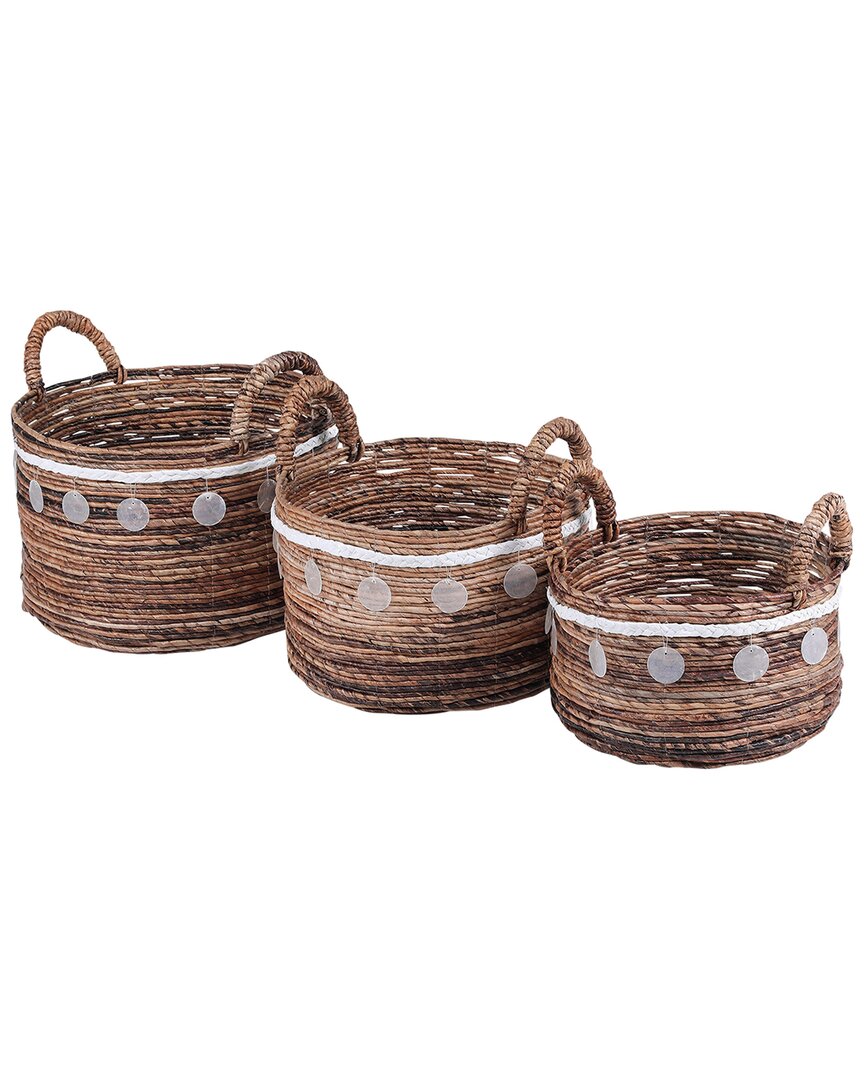 Baum Set Of 3 Twisted Dark Banana Baskets With Capiz Accents And Ear Handles In Brown