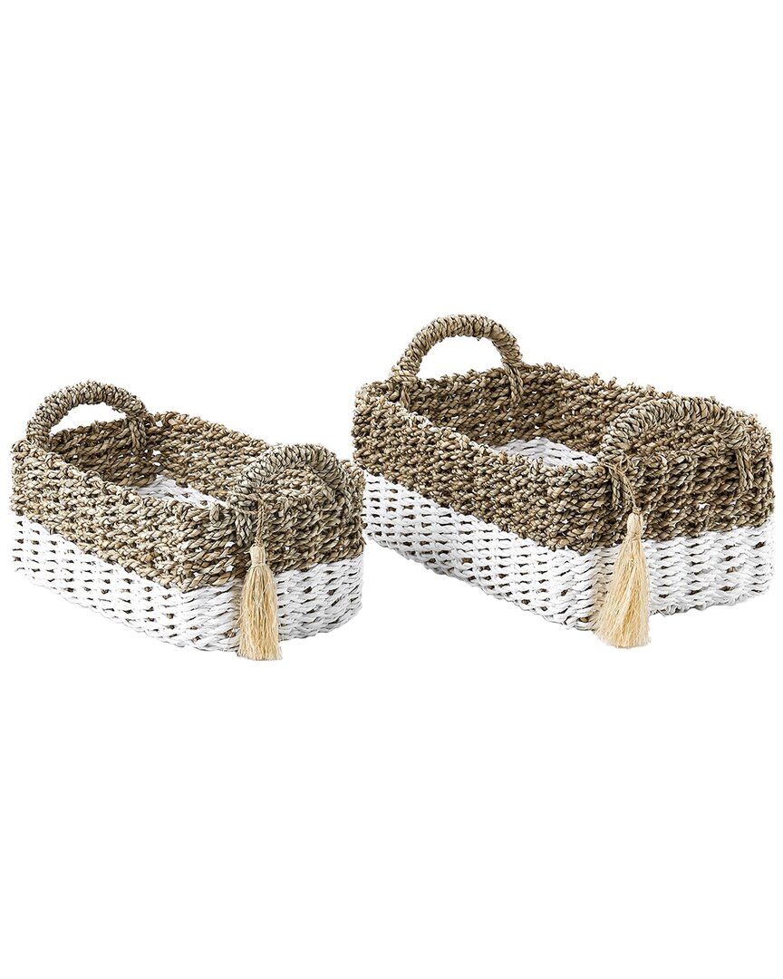 Baum Set Of 2 Larger Rectangular Seagrass & Raffia Bins With Ear Handles And Single Tassel In Brown