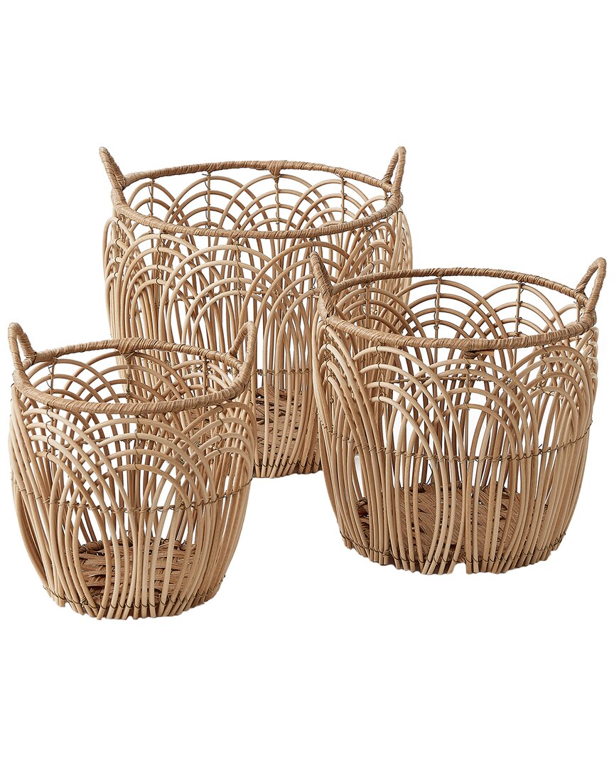 Baum Set Of 3 Round Faux Wicker Weave Baskets With Ear Handles In Brown