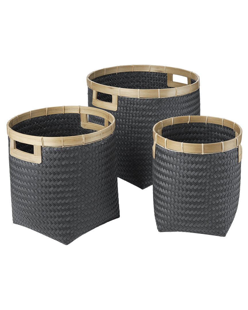 Baum Set Of 3 Round Top Bamboo Baskets With Cut-out Handles In Black