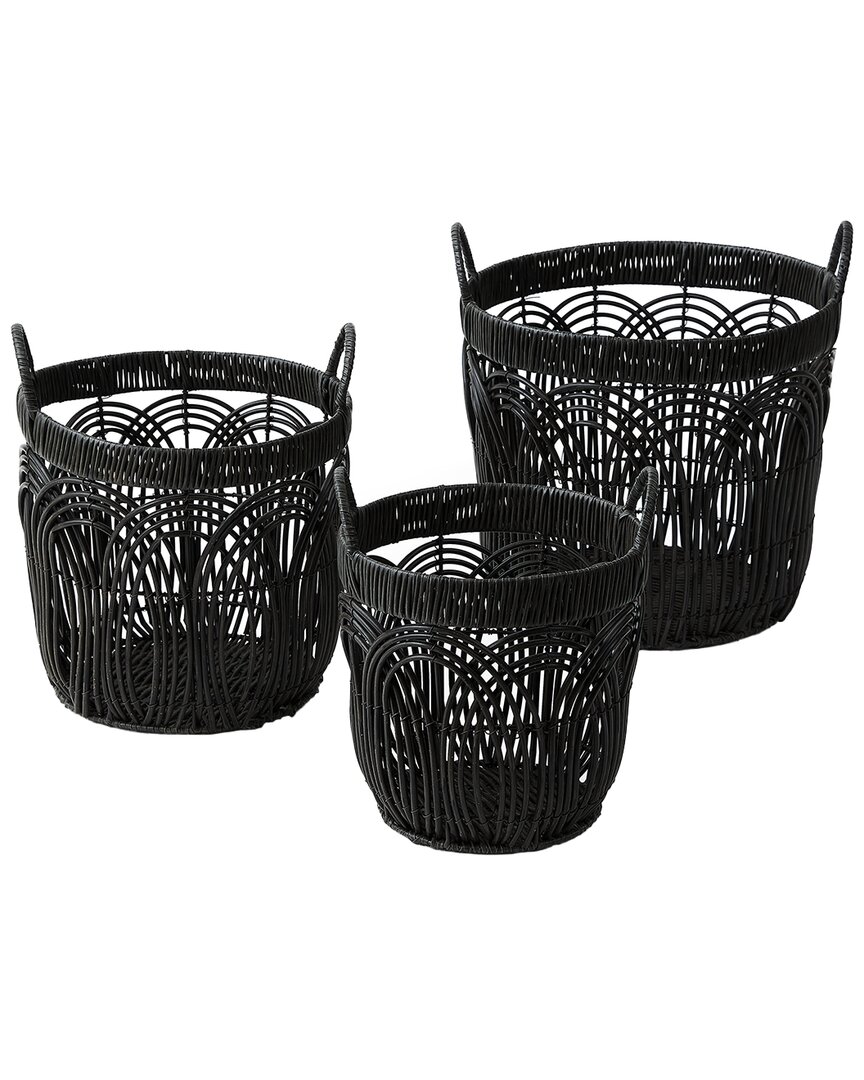 Baum Set Of 3 Round Faux Wicker Weave Baskets With Ear Handles In Black