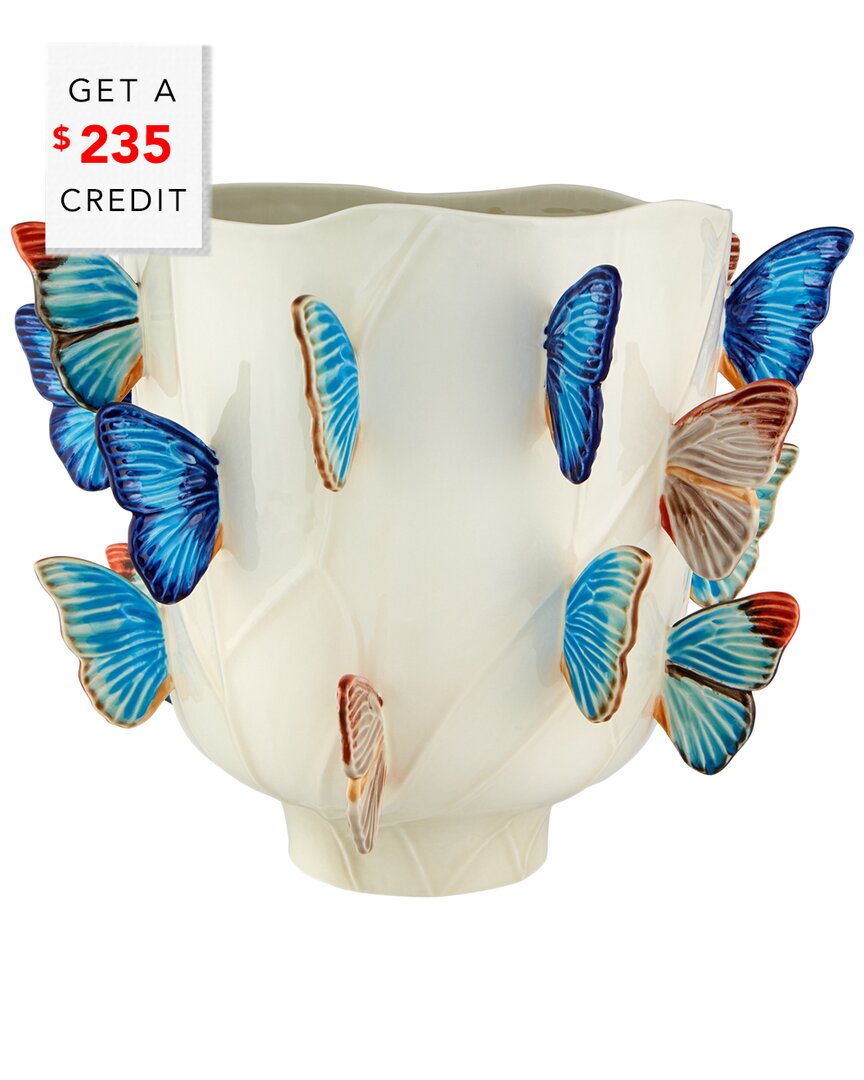 Bordallo Pinhiero 16in Vase Cloudy Butterflies By Claudia Schiffer In Blue