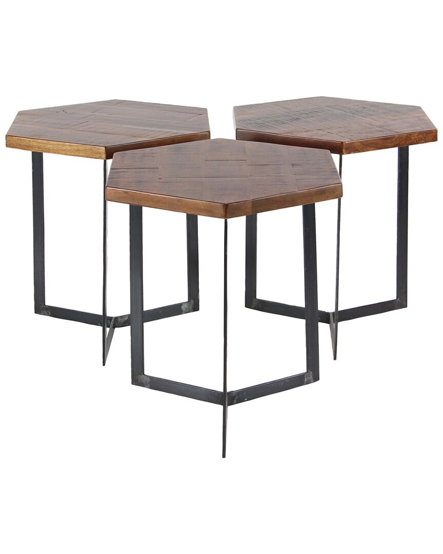 Peyton Lane Set Of 3 Industrial Hexagon Accent Tables In Brown