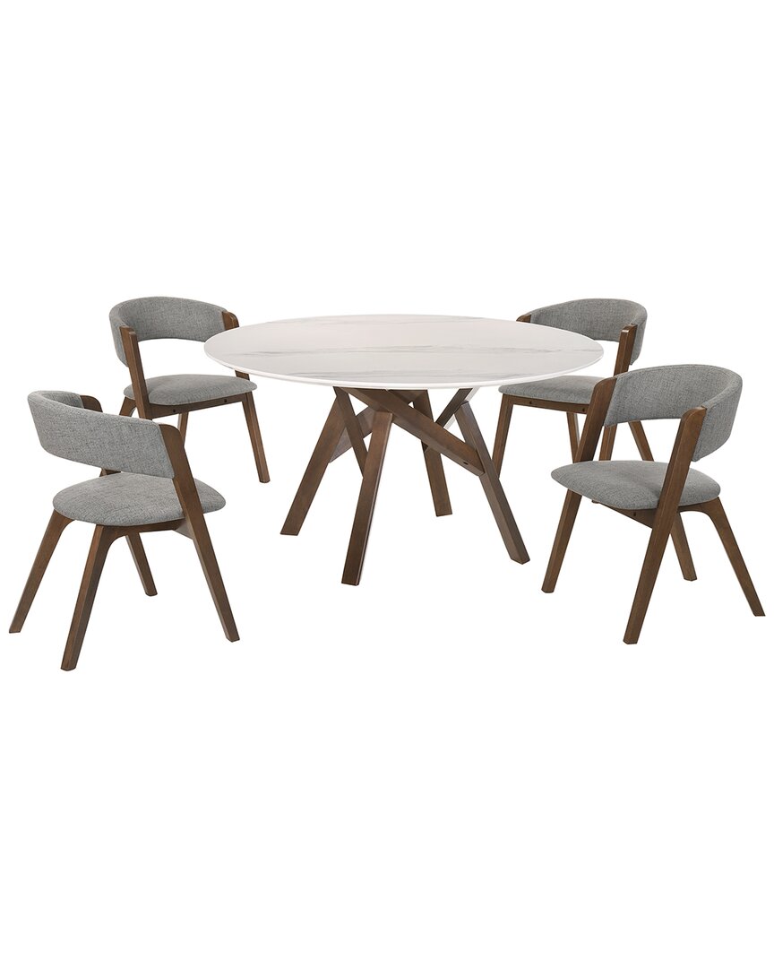 Armen Living Venus And Rowan 5pc Walnut And Marble Round Dining Set In Gray