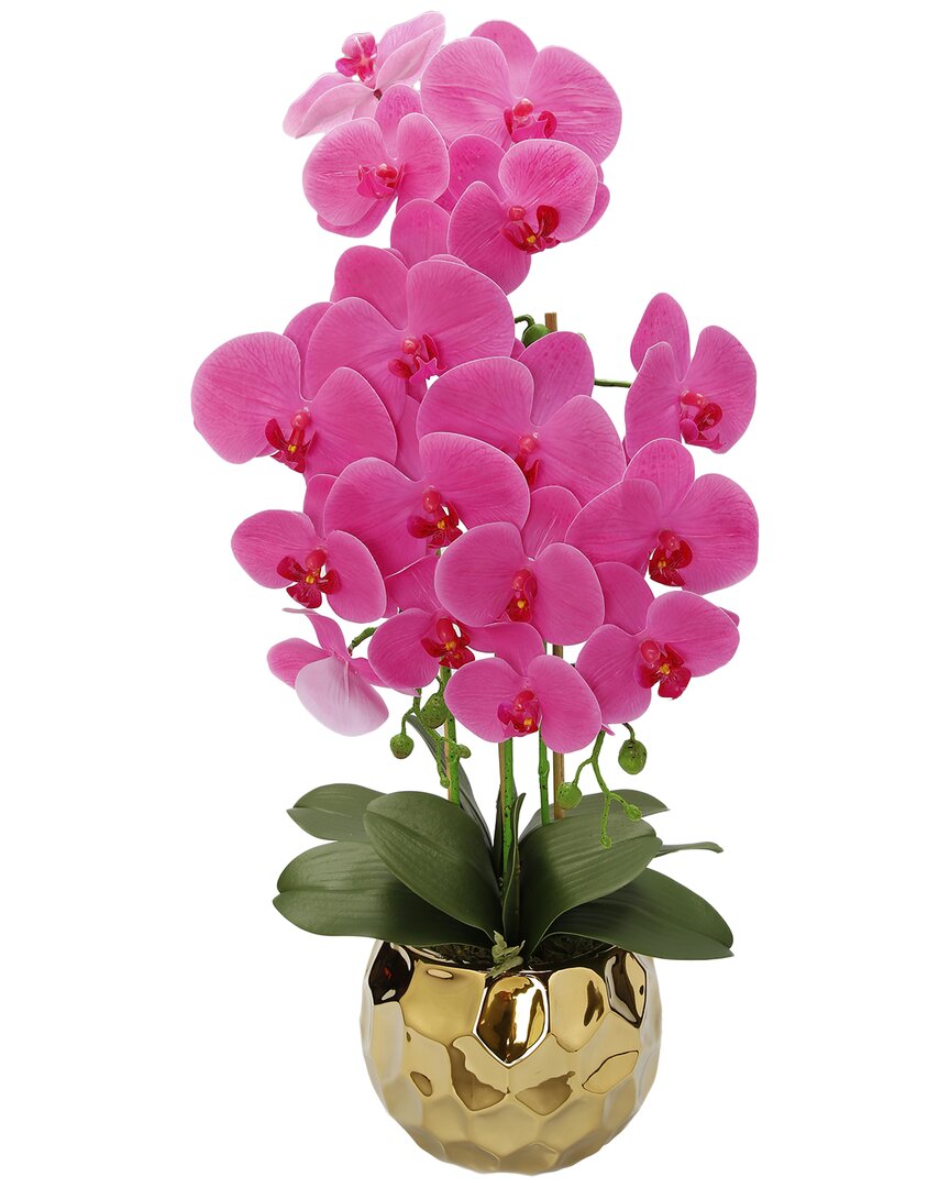 Vivience Pink Orchid Plant In Round Gold Design Vase