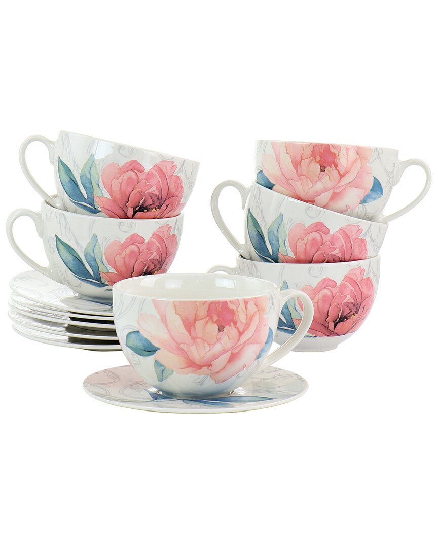 Martha Stewart 12pc Ceramic Flora Cup & Saucer Set In White
