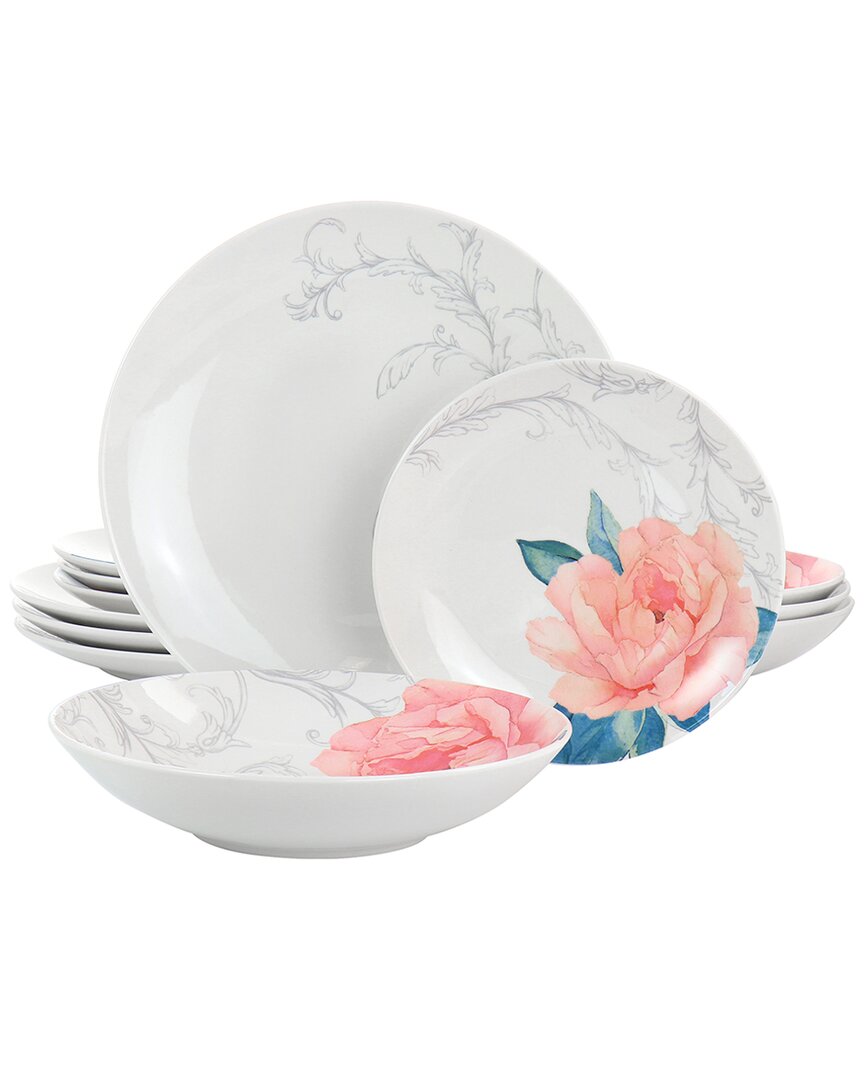 Martha Stewart 12pc Fine Ceramic Floral Dinnerware Set In White