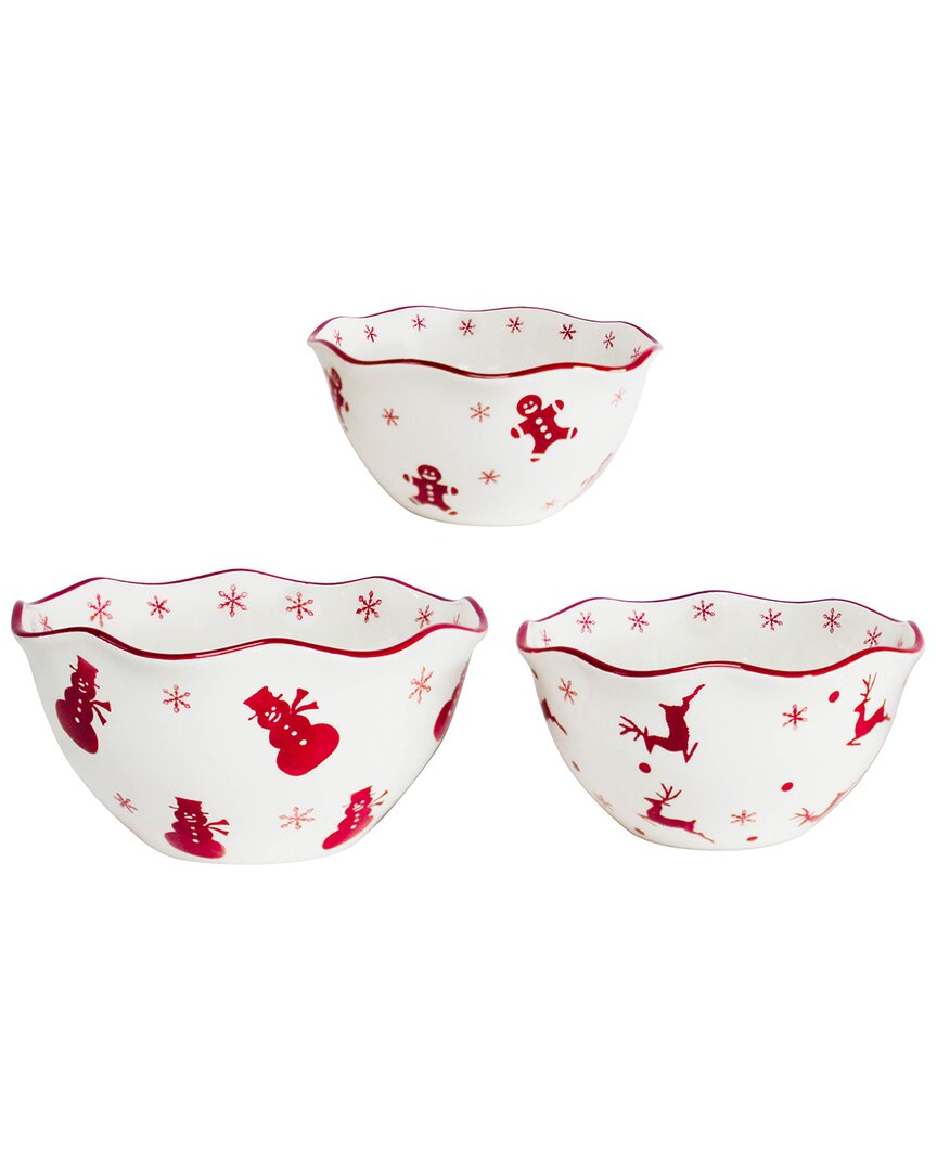 Euro Ceramica Winterfest 3pc Nesting Serving Bowl In Red