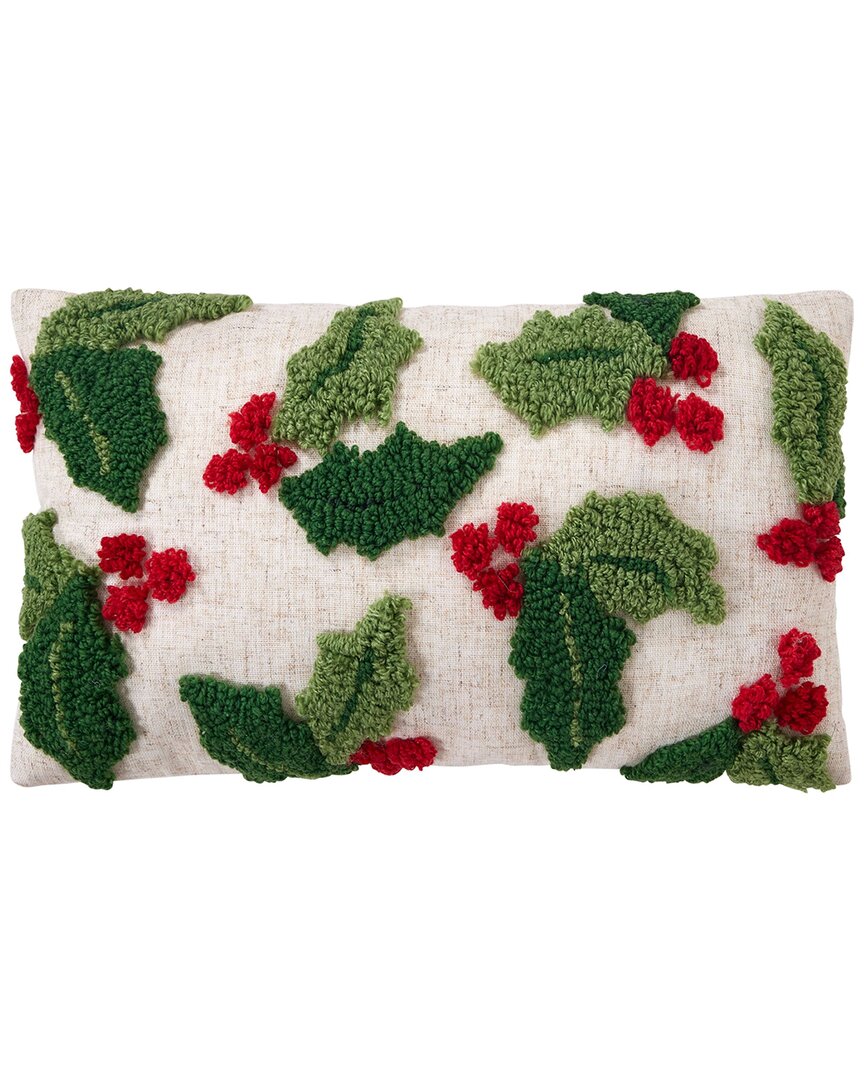 Peking Handicraft Holly With Berries Tufted Pillow In Green