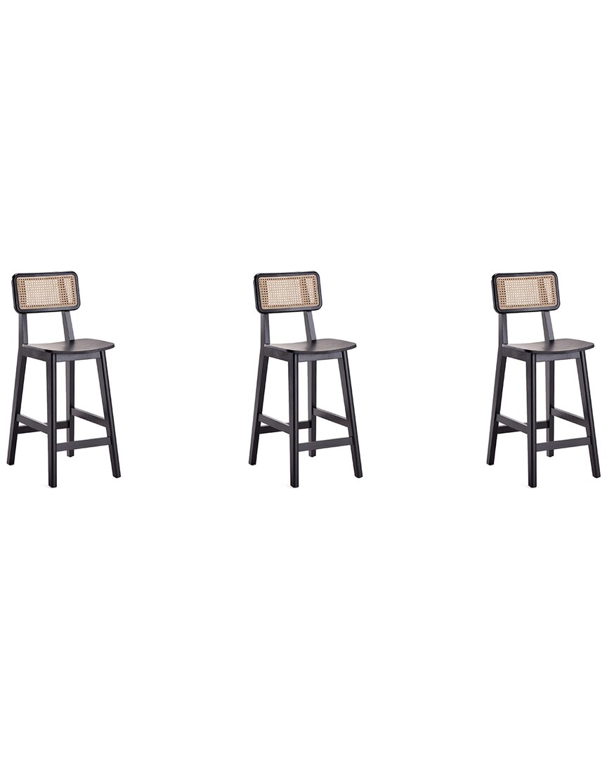 Manhattan Comfort Versailles Counter Stool In Black And Natural Cane In Neutral