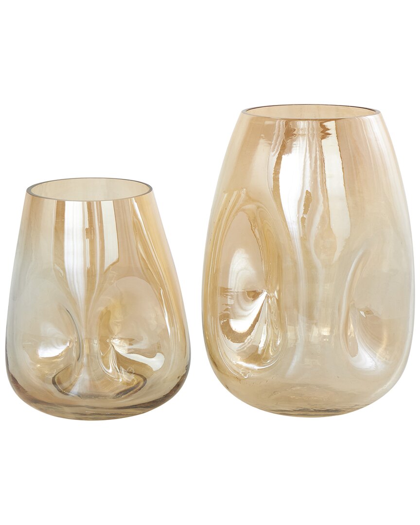 Peyton Lane Set Of 2 Gold Glass Concaved Iridescent Vase In Gold